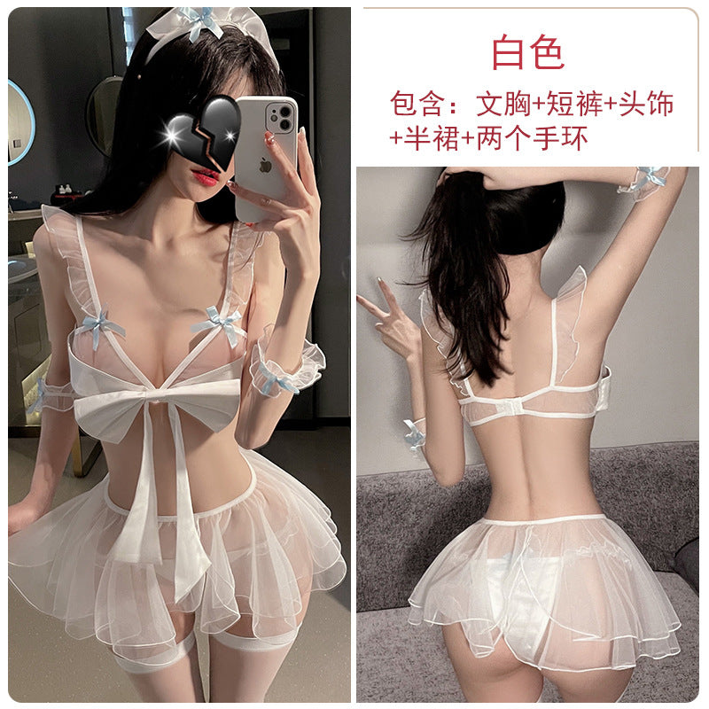 甜美蝴蝶结露乳甜美女仆网纱透明制服套装-9Rabbit北美情趣用品